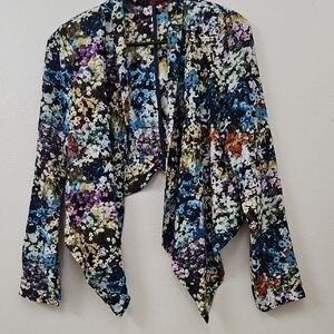 Lush Black Floral Open Front Draped Jacket with Multicolor Blossoms